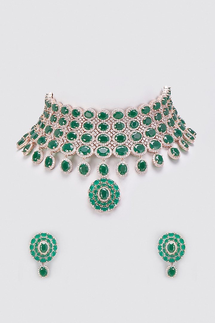 Rose Gold Finish Synthetic Emerald Stone & Zircon Choker Necklace Set by Aster at Pernia's Pop Up Shop