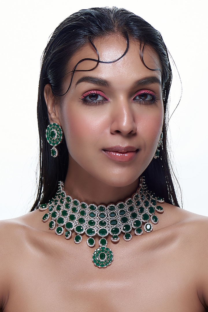 Rose Gold Finish Synthetic Emerald Stone & Zircon Choker Necklace Set by Aster at Pernia's Pop Up Shop