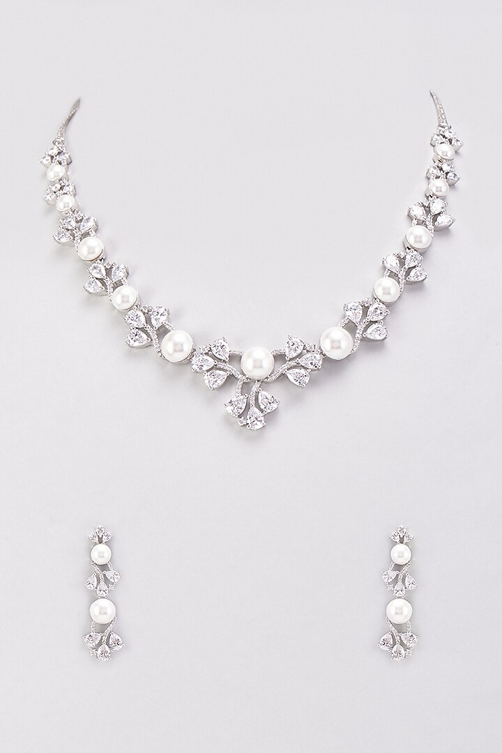 White Finish Zircon & Pearl Necklace Set by Aster at Pernia's Pop Up Shop