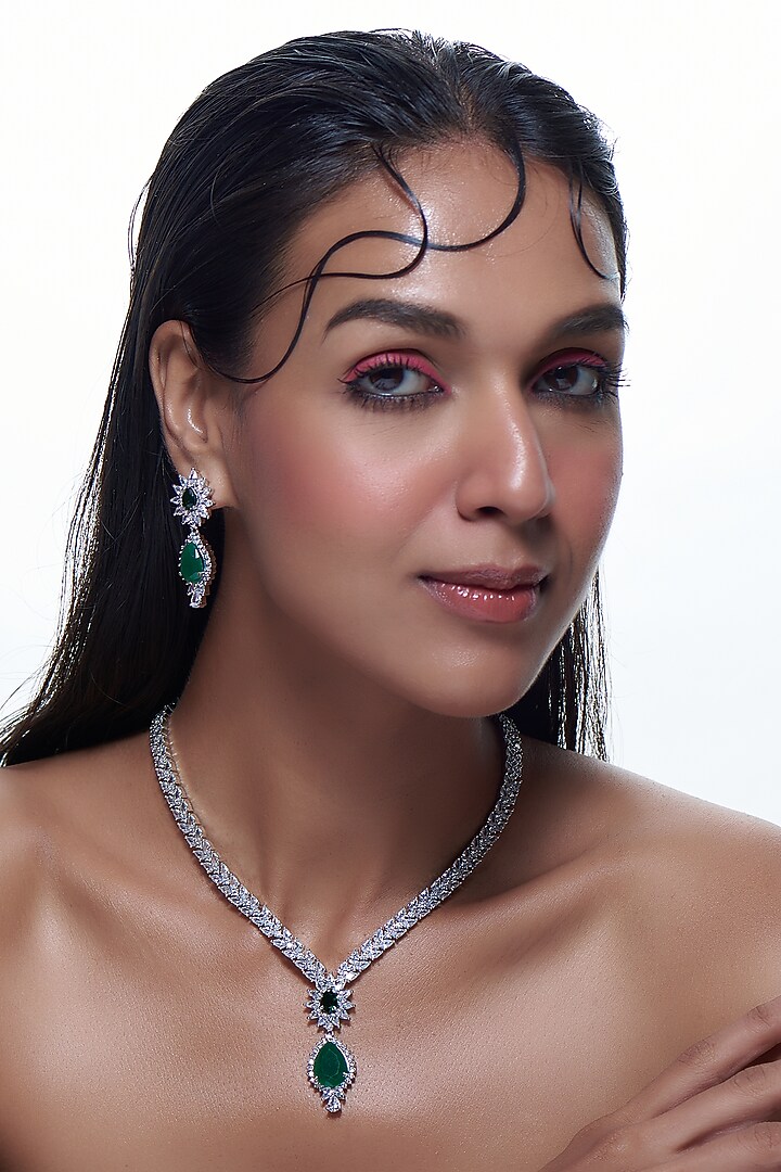 White Finish Synthetic Emerald Stone & Zircon Necklace Set by Aster at Pernia's Pop Up Shop