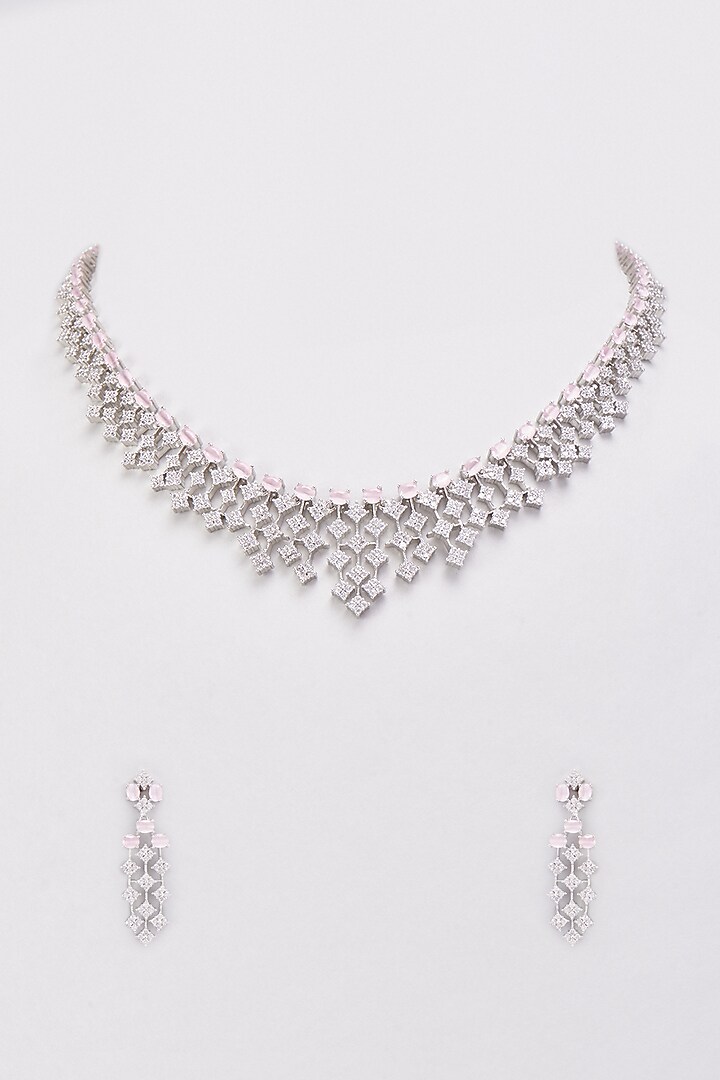 White Finish Zircon & Pink Stone Necklace Set by Aster at Pernia's Pop Up Shop