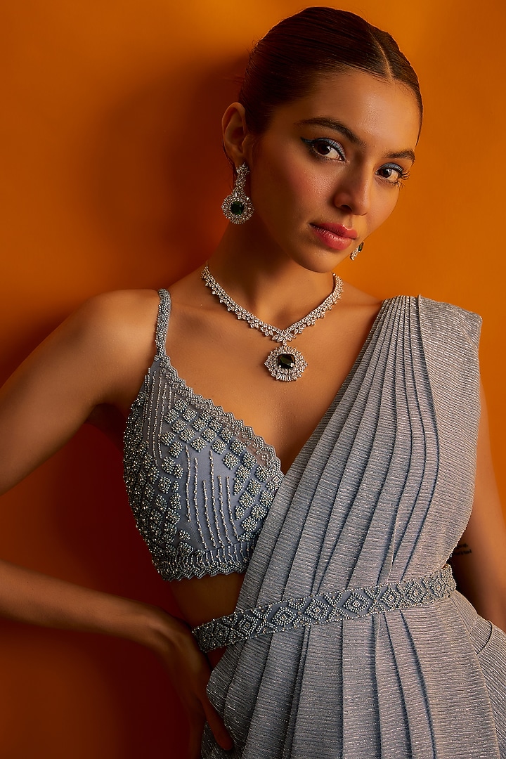 White Finish Zircon & Green Stone Necklace Set by Aster at Pernia's Pop Up Shop