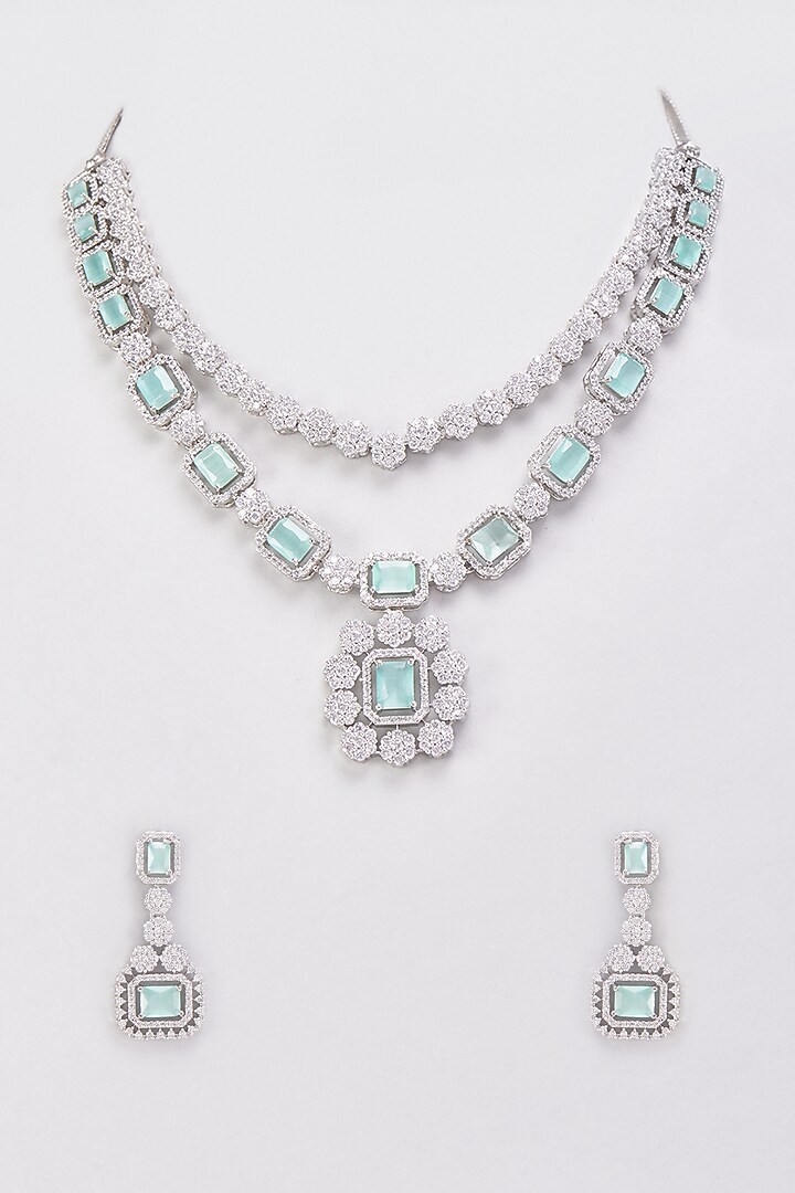 White Finish Zircon & Aqua Blue Stone Layered Necklace Set by Aster at Pernia's Pop Up Shop