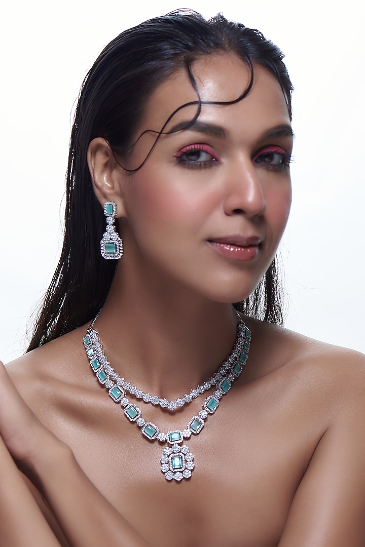 White Finish Zircon & Aqua Blue Stone Layered Necklace Set by Aster at Pernia's Pop Up Shop