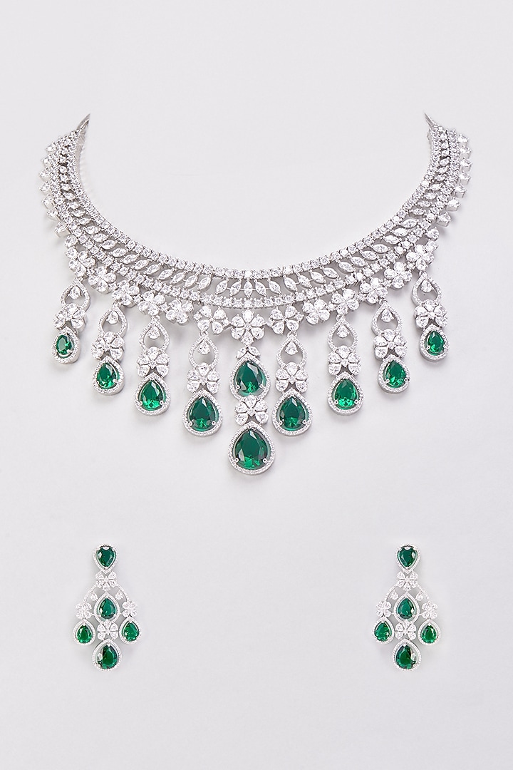 White Finish Synthetic Emerald Stone & Zircon Necklace Set by Aster at Pernia's Pop Up Shop