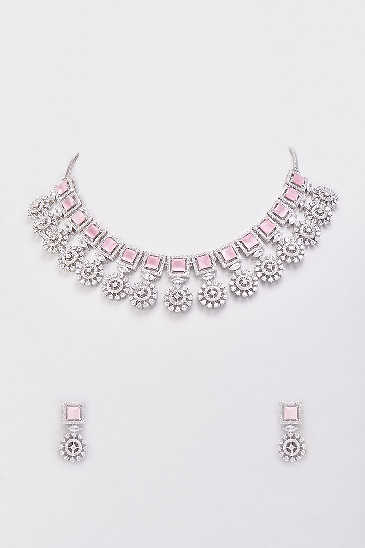 White Finish Zircons & Pink Stones Necklace Set by Aster at Pernia's Pop Up Shop
