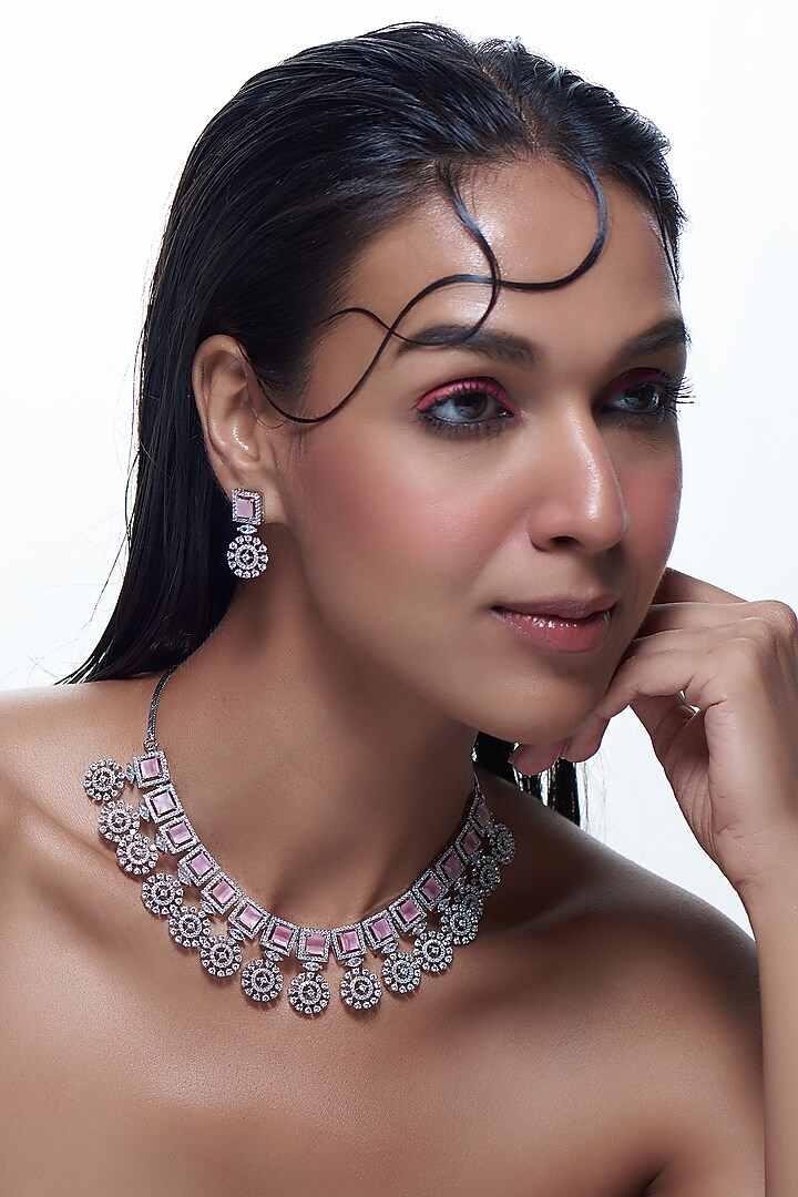 White Finish Zircons & Pink Stones Necklace Set by Aster at Pernia's Pop Up Shop