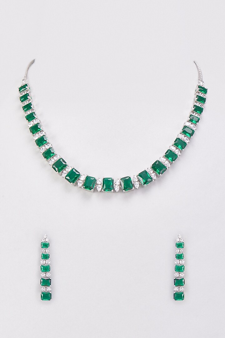 White Finish Emerald Stones & Zircon Necklace Set by Aster at Pernia's Pop Up Shop