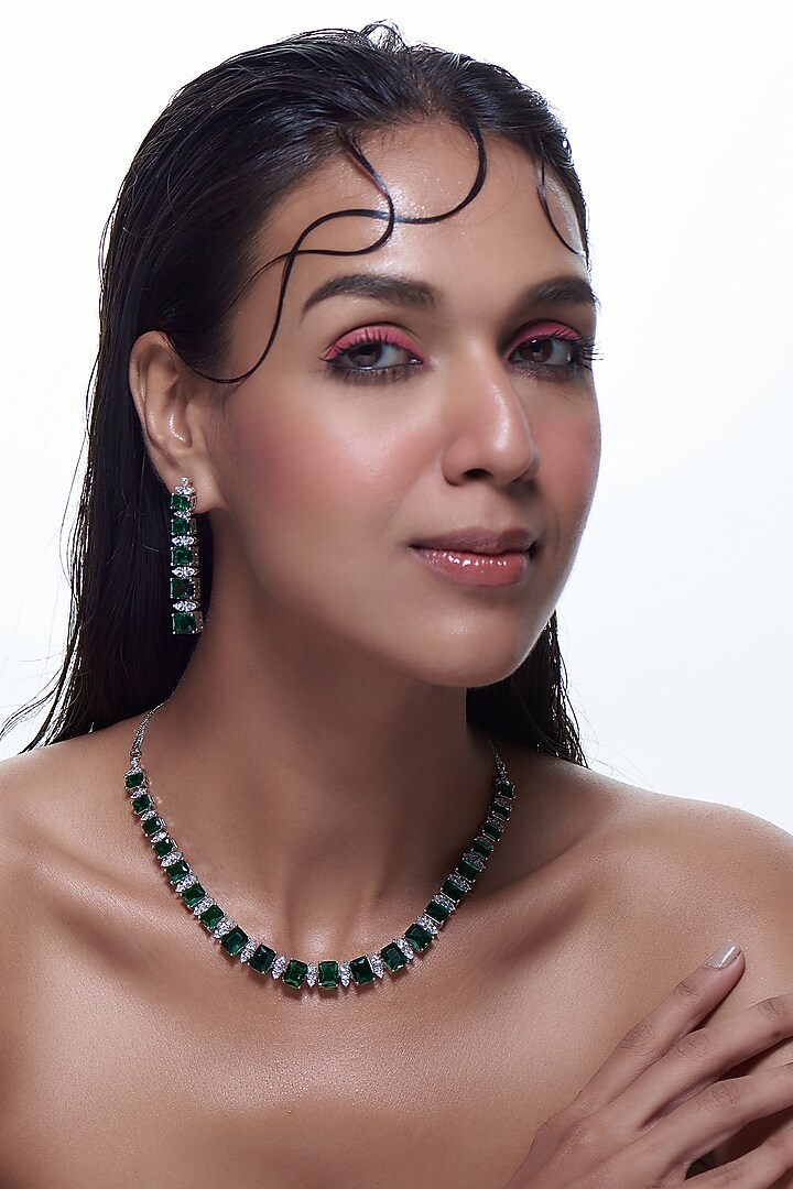 White Finish Emerald Stones & Zircon Necklace Set by Aster at Pernia's Pop Up Shop