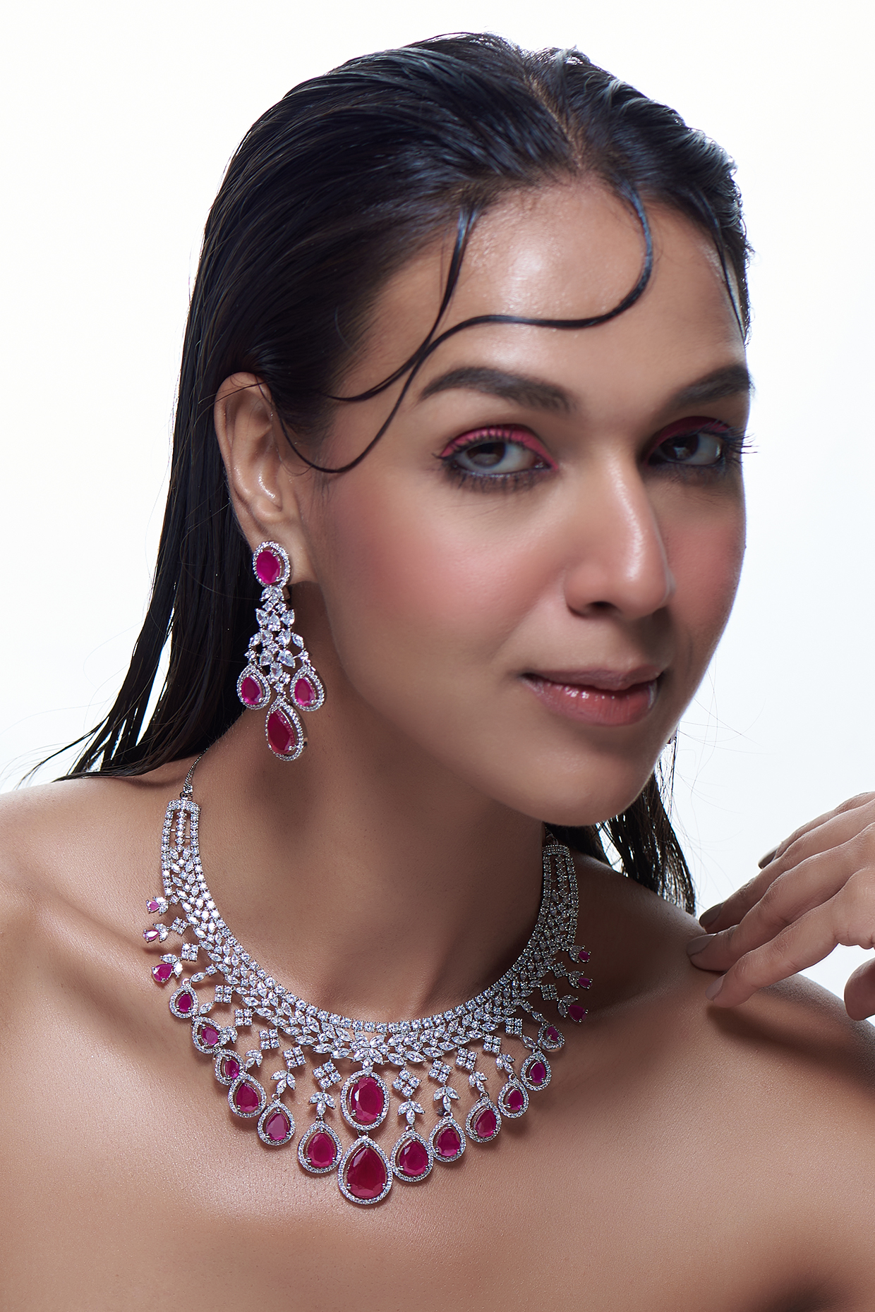 White Finish Synthetic Ruby Stone & Zircon Necklace Set

 by Aster at Pernia's Pop Up Shop