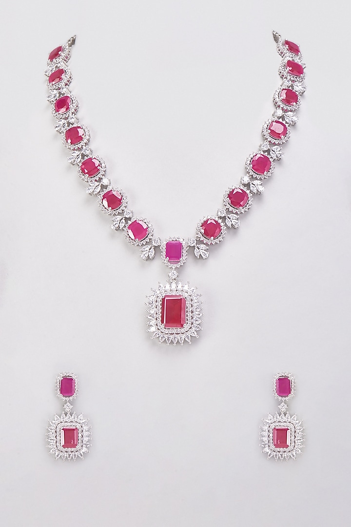 White Finish Synthetic Ruby Stone Zircon Necklace Set by Aster