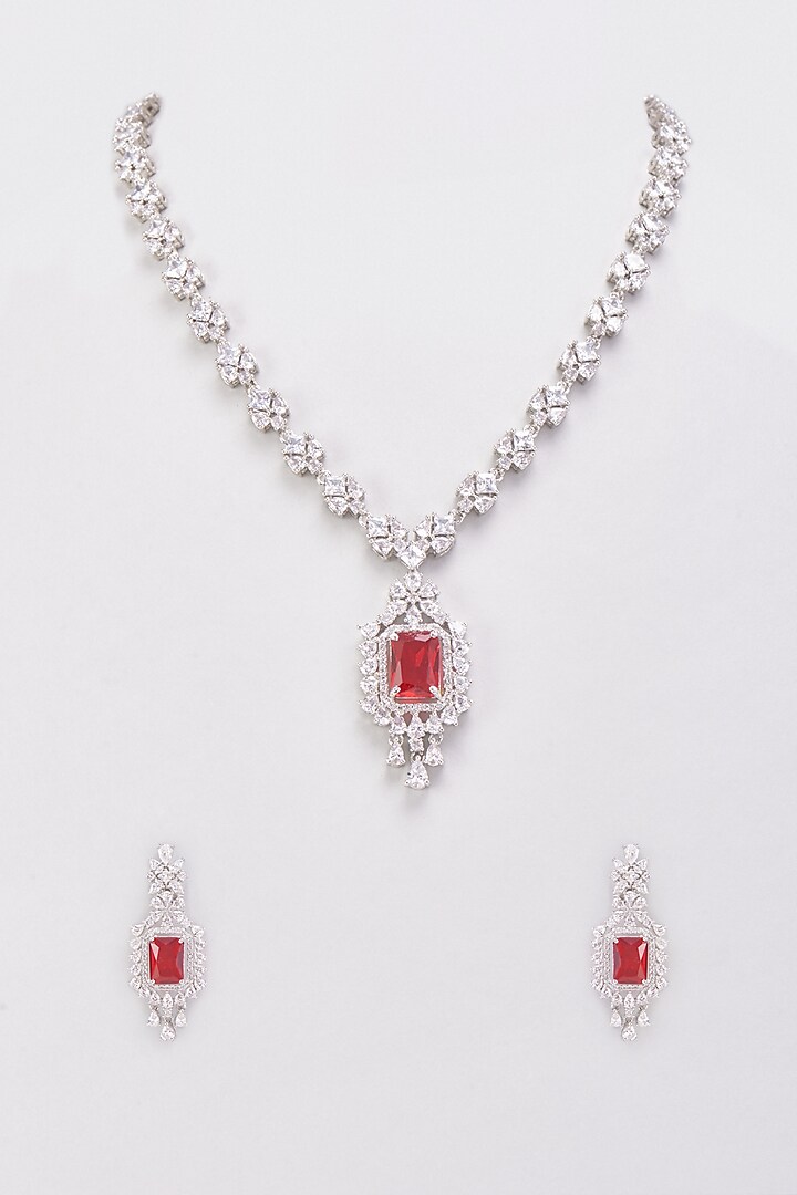 White Finish Zircons & Red Stone Necklace Set by Aster at Pernia's Pop Up Shop