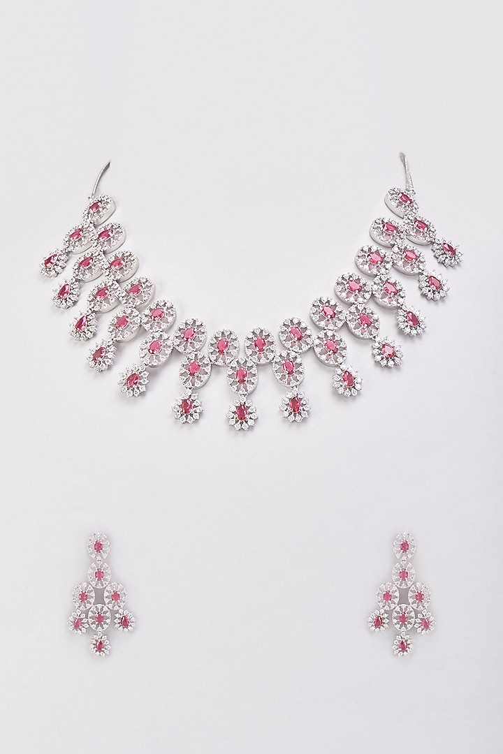 White Finish Zircons & Synthetic Ruby Stone Necklace Set by Aster at Pernia's Pop Up Shop