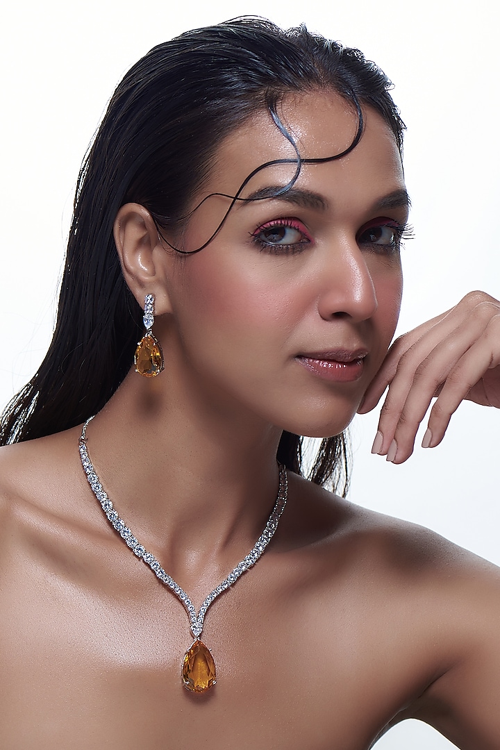 White Finish Zircon & Yellow Stone Necklace Set by Aster at Pernia's Pop Up Shop