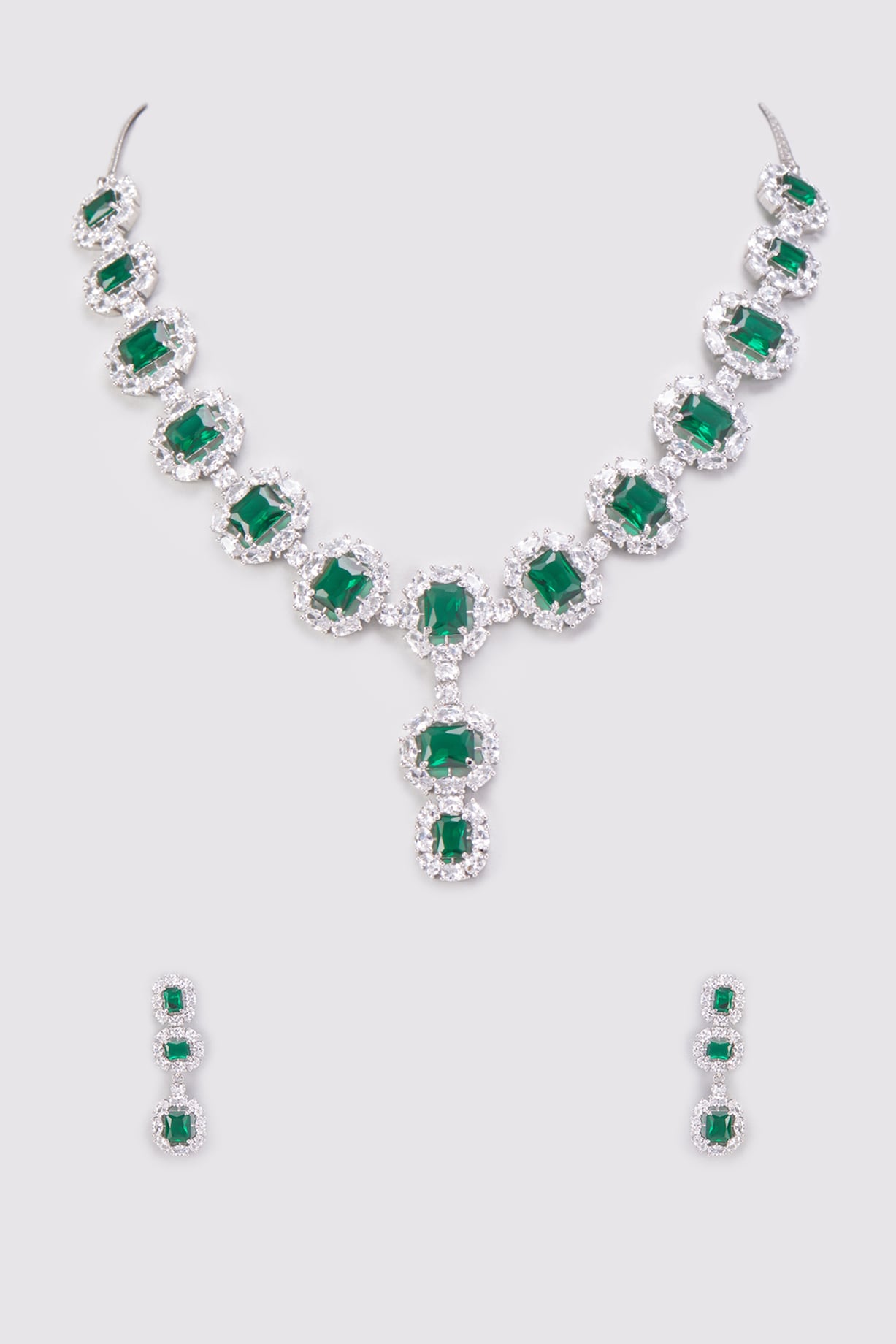 White Finish Emerald Synthetic Stone & Zircon Long Necklace Set by