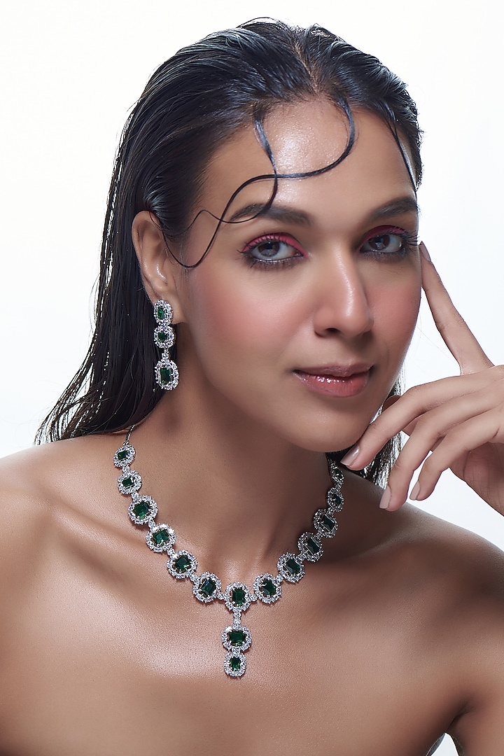 White Finish Emerald Synthetic Stone & Zircon Long Necklace Set by Aster at Pernia's Pop Up Shop