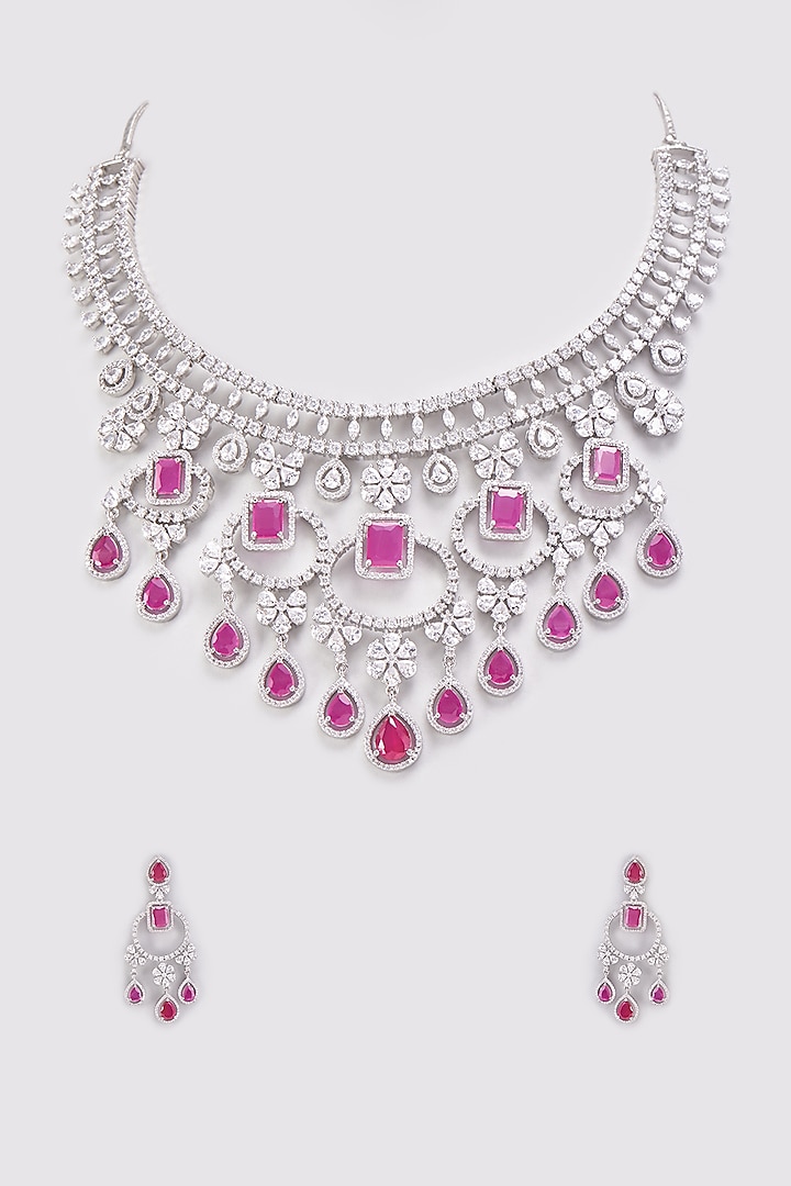 White Finish Zircon & Pink Stone Long Necklace Set by Aster at Pernia's Pop Up Shop