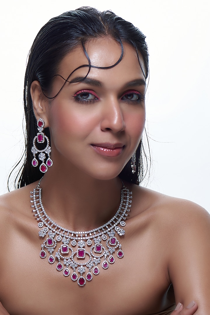 White Finish Zircon & Pink Stone Long Necklace Set by Aster at Pernia's Pop Up Shop