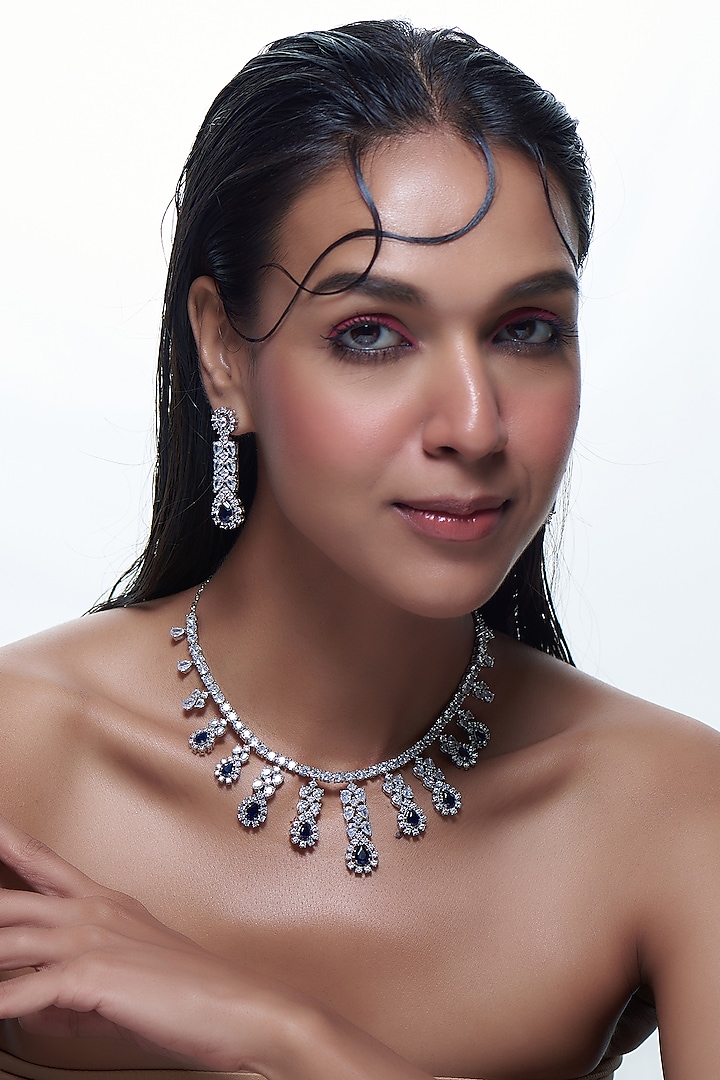 White Finish Sapphire & Zircon Necklace Set by Aster at Pernia's Pop Up Shop