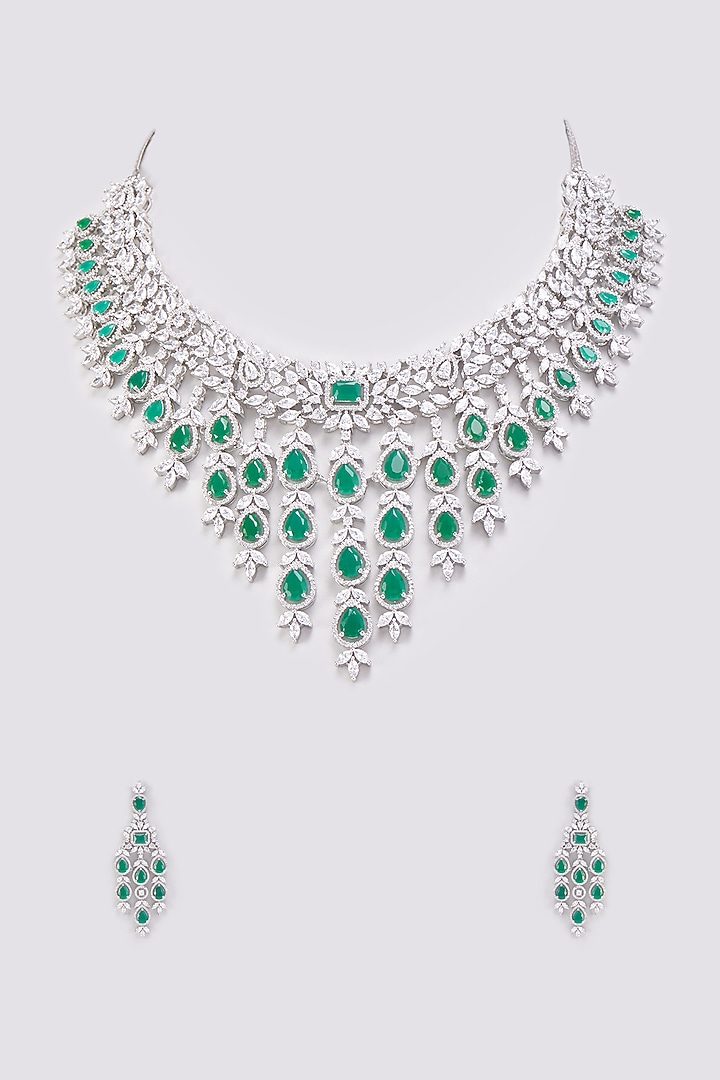 White Finish Emerald Synthetic Stone & Zircon Long Necklace Set by Aster at Pernia's Pop Up Shop
