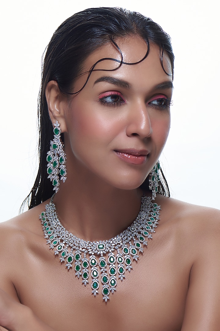 White Finish Emerald Synthetic Stone & Zircon Long Necklace Set by Aster at Pernia's Pop Up Shop