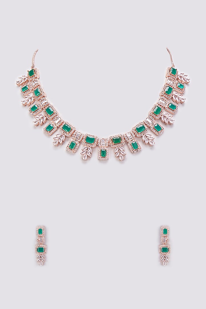 Rose Gold Finish Emerald & Zircon Necklace Set by Aster at Pernia's Pop Up Shop