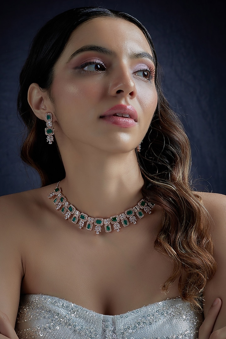Rose Gold Finish Emerald & Zircon Necklace Set by Aster at Pernia's Pop Up Shop