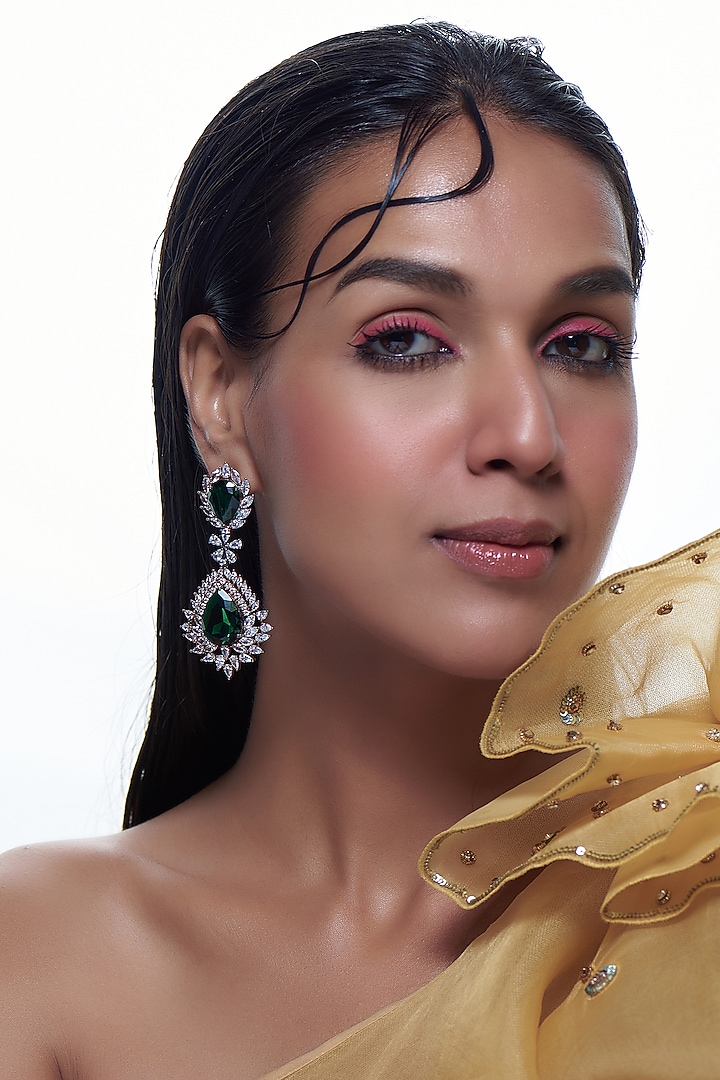 White finish Emerald & Zircon Dangler Earrings by Aster at Pernia's Pop Up Shop