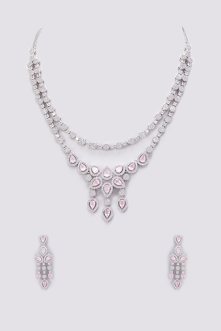 White Finish Zircon & Pink Stone Layered Necklace Set by Aster at Pernia's Pop Up Shop