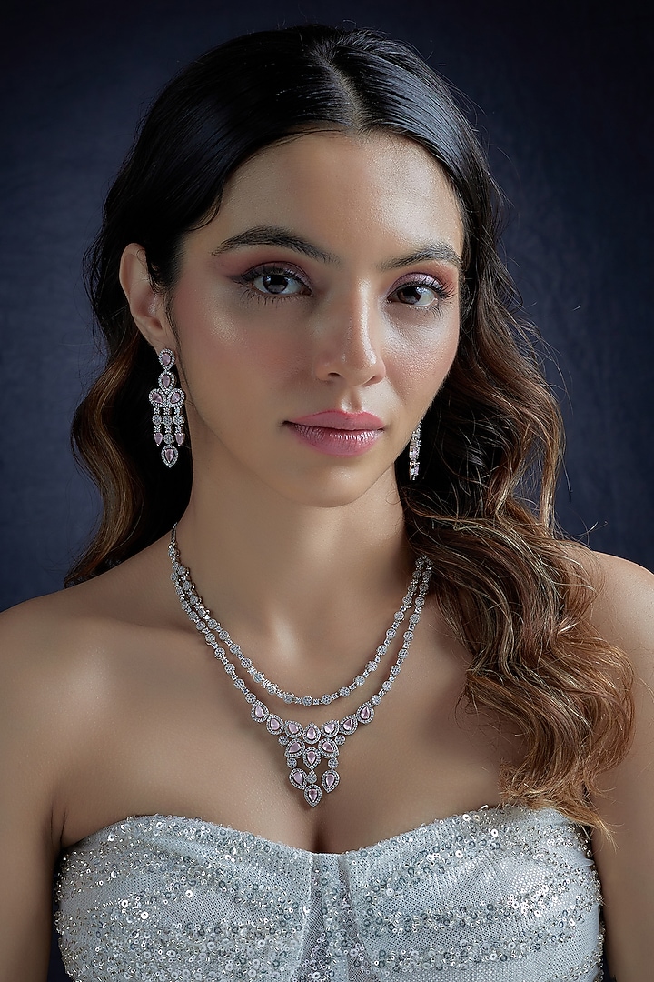 White Finish Zircon & Pink Stone Layered Necklace Set by Aster at Pernia's Pop Up Shop