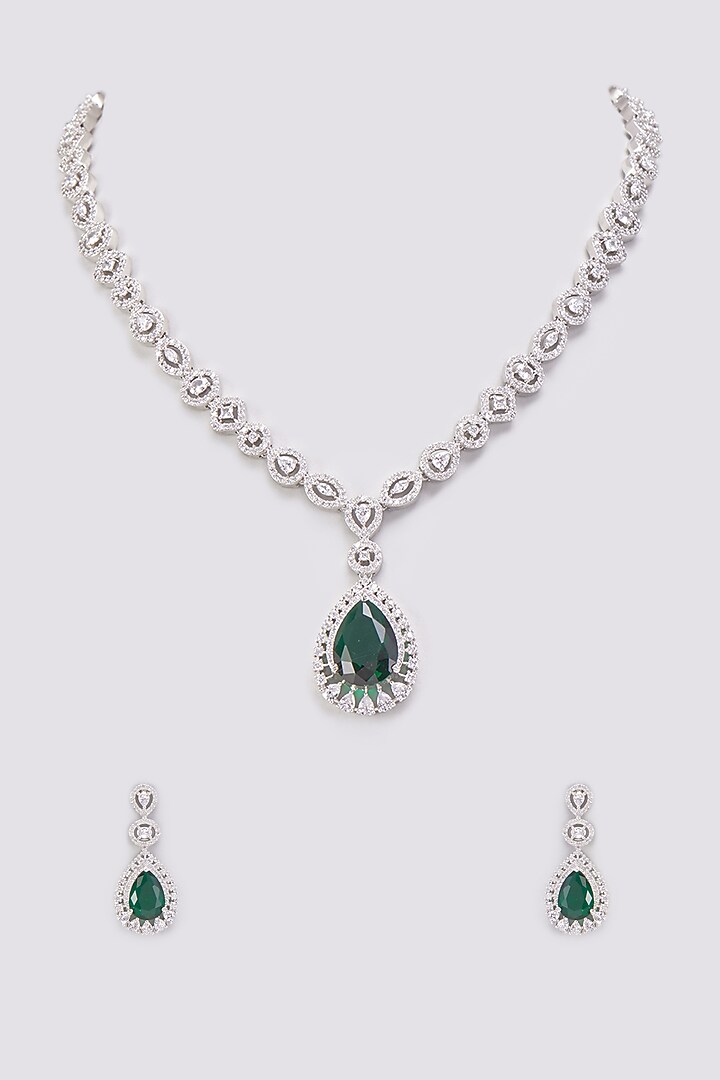 White Finish Zircon & Emerald Synthetic Stone Necklace Set by Aster at Pernia's Pop Up Shop