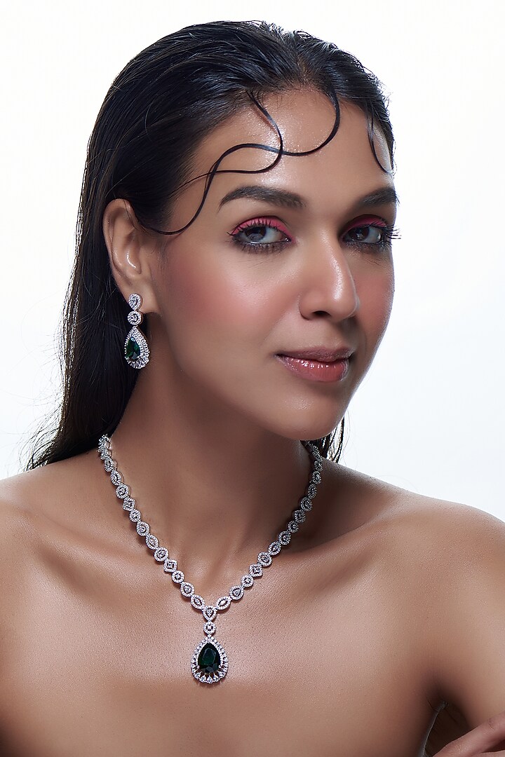 White Finish Zircon & Emerald Synthetic Stone Necklace Set by Aster at Pernia's Pop Up Shop