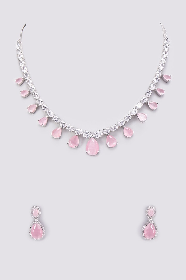 White Finish Zircon & Pink Stone Necklace Set by Aster at Pernia's Pop Up Shop