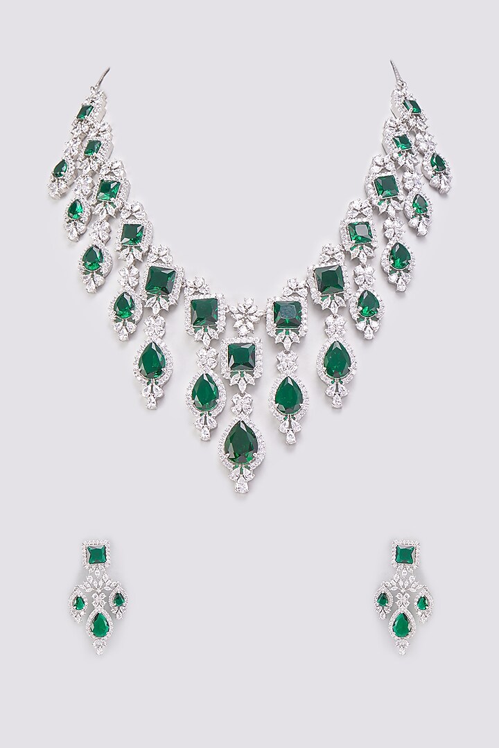 White Finish Emerald Synthetic Stone & Zircon Long Necklace Set by Aster at Pernia's Pop Up Shop