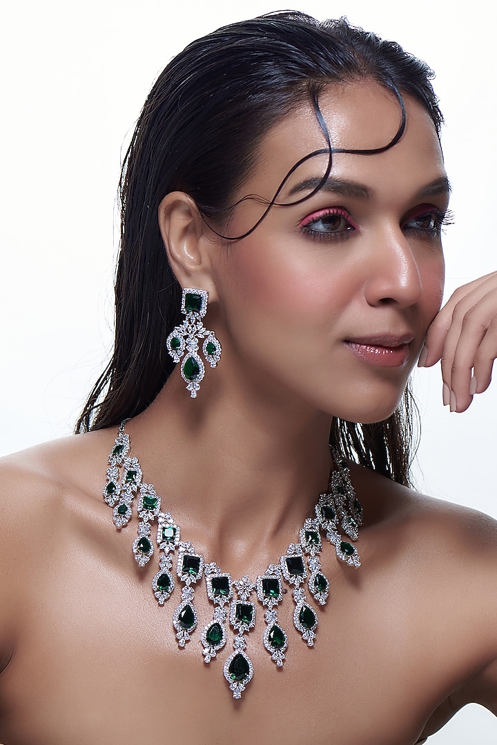 White Finish Emerald Synthetic Stone & Zircon Long Necklace Set by Aster at Pernia's Pop Up Shop