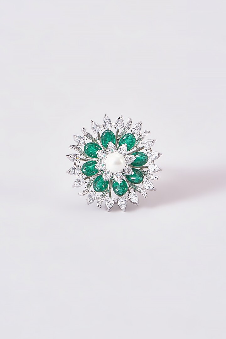White Finish Zircon & Green Stone Ring by Aster at Pernia's Pop Up Shop
