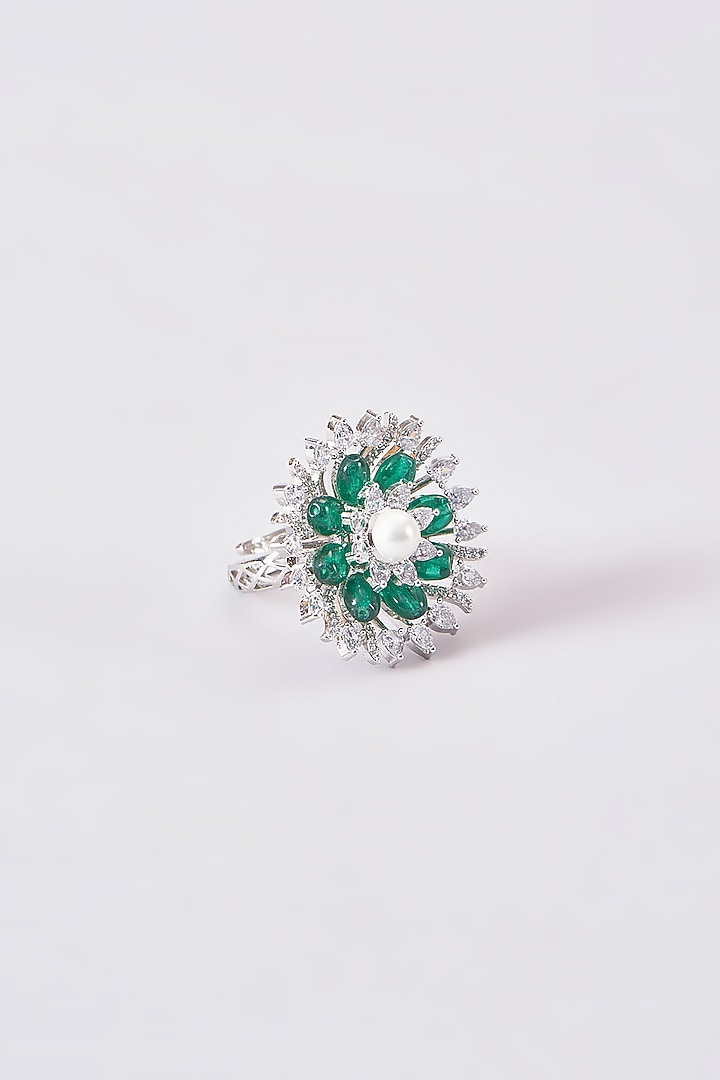 White Finish Zircon & Green Stone Ring by Aster at Pernia's Pop Up Shop