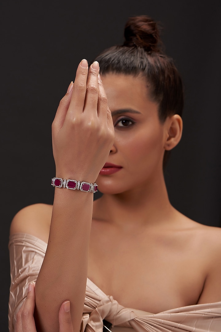 White Finish Zircon & Pink Stone Bracelet by Aster at Pernia's Pop Up Shop