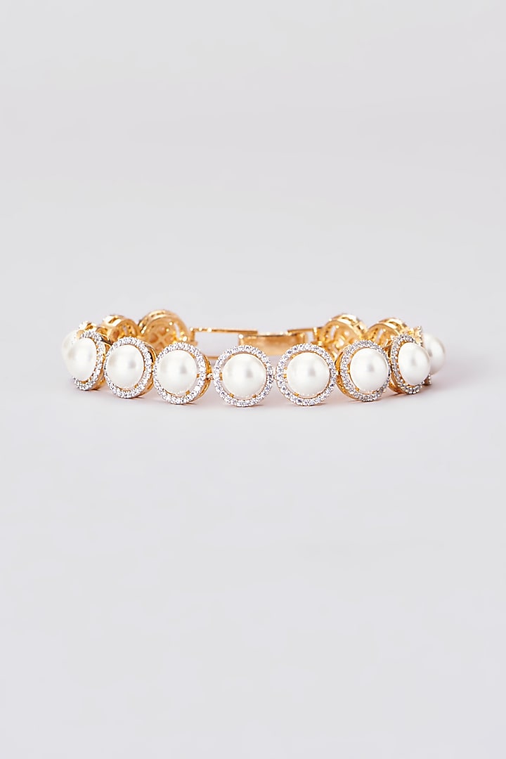 Gold Finish Zircon & Pearl Bracelet by Aster at Pernia's Pop Up Shop