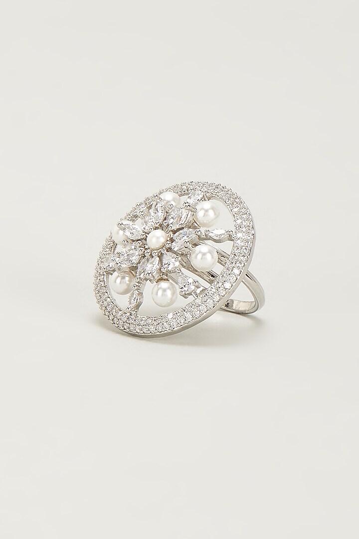 White Finish Zircon & Pearl Ring by Aster at Pernia's Pop Up Shop