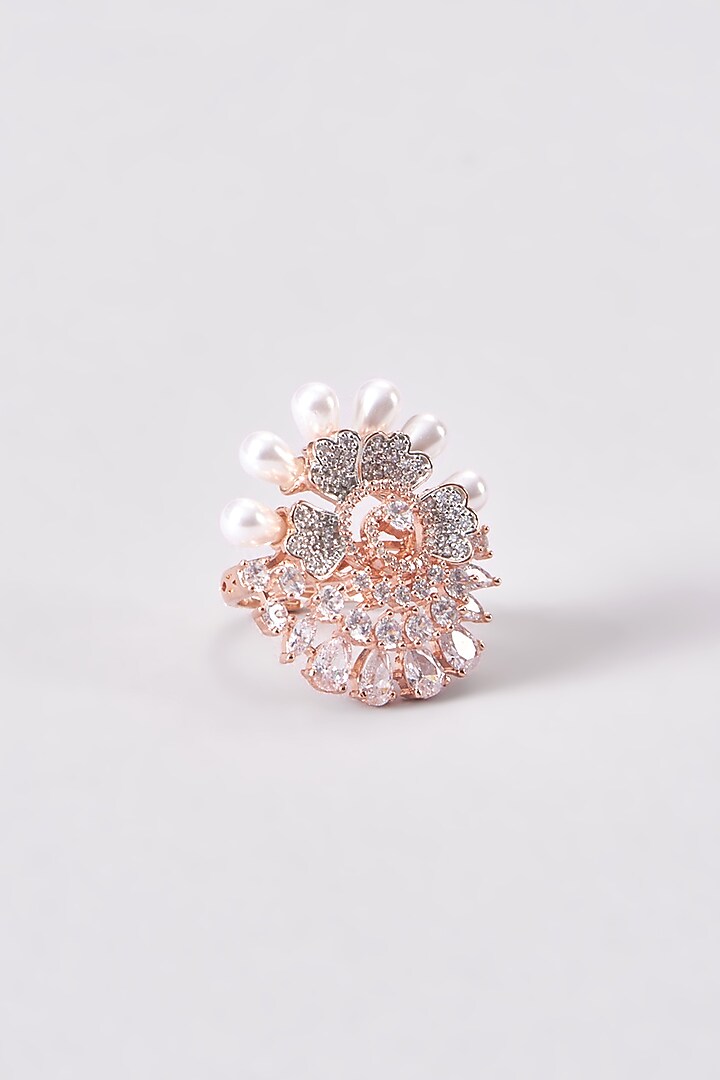Rose Gold Finish Zircon & Pearl Ring by Aster at Pernia's Pop Up Shop
