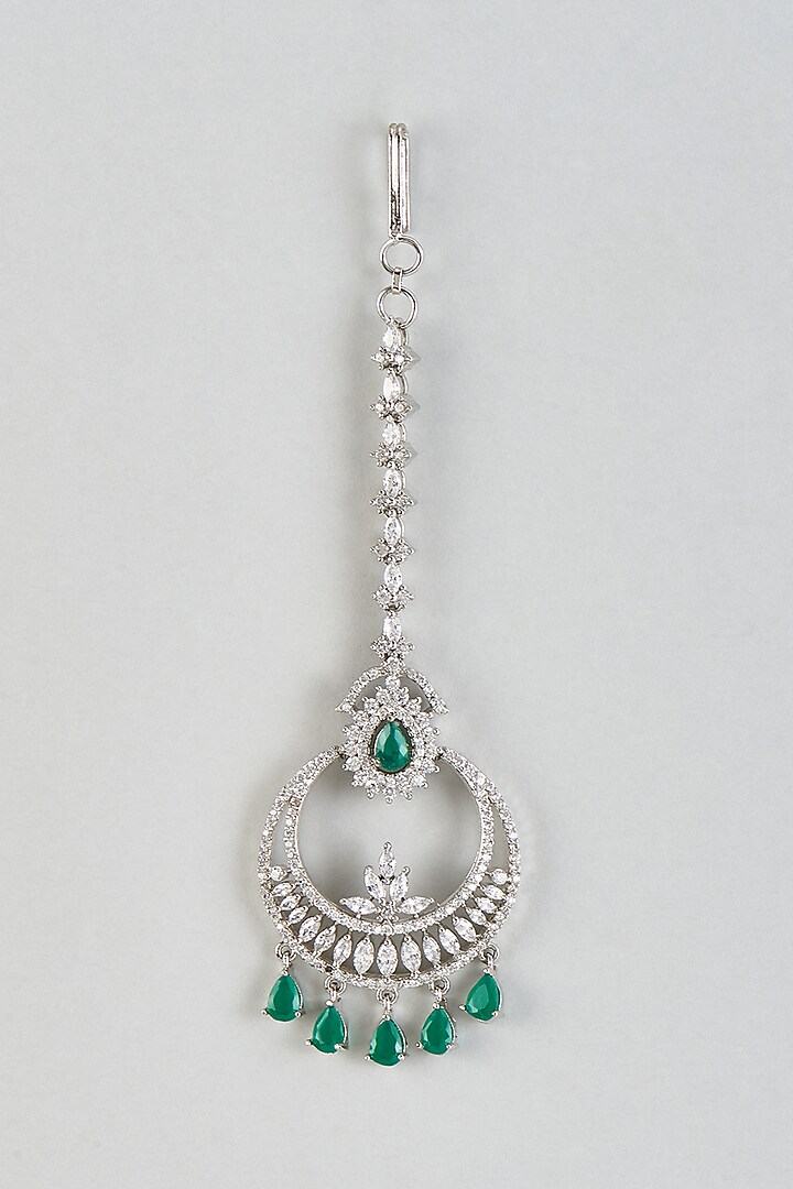 White Finish Zircon & Emerald Stone Maangtikka by Aster at Pernia's Pop Up Shop
