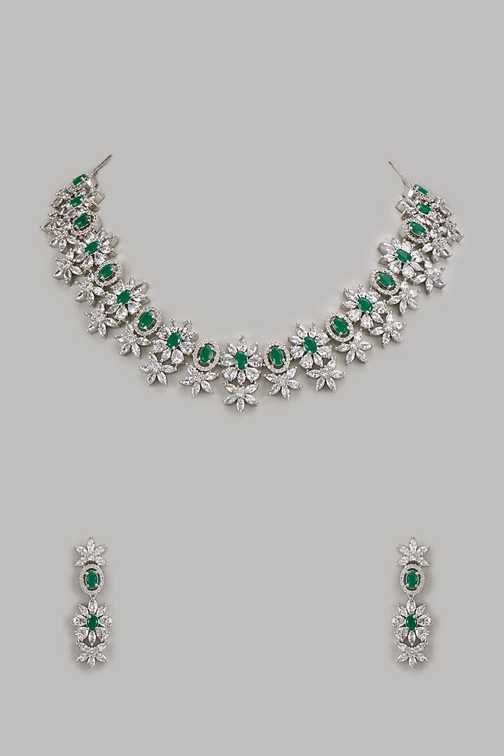 White Finish Zircon & Emerald Stone Necklace Set by Aster at Pernia's Pop Up Shop