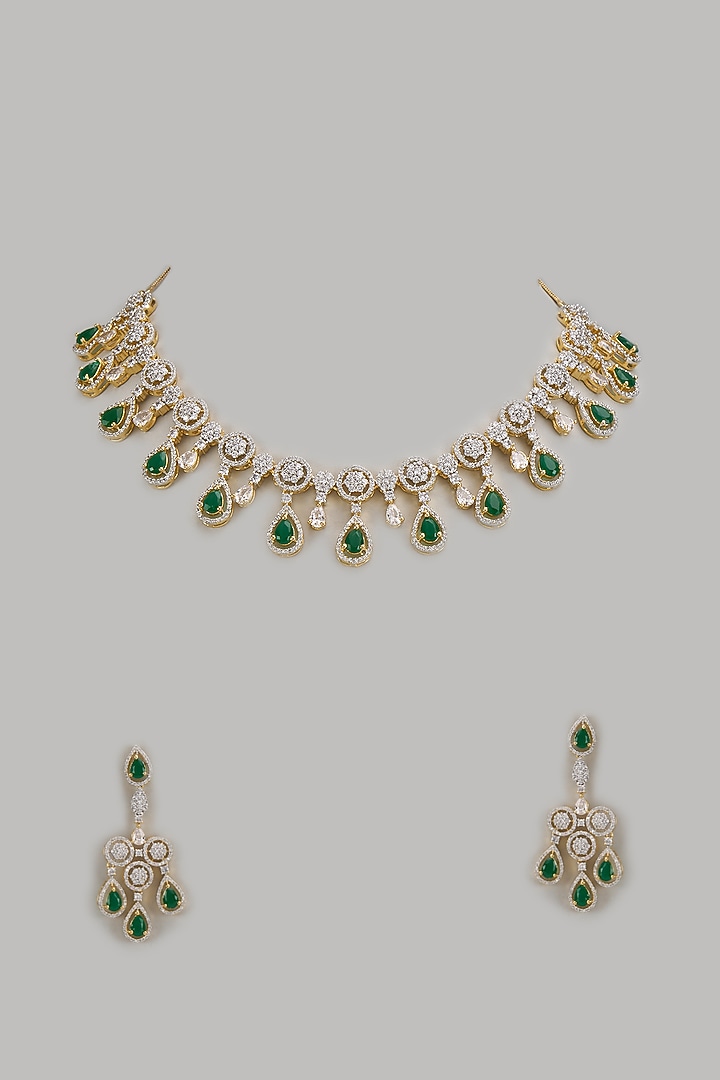 Gold Finish Zircon & Emerald Stone Necklace Set by Aster at Pernia's Pop Up Shop