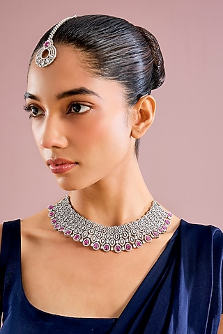 White Finish Ruby Stone Necklace With Maangtikka by Aster