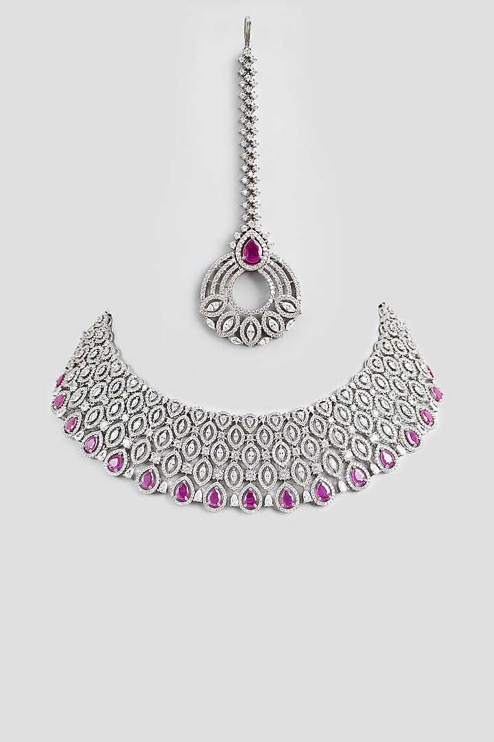 White Finish Ruby Stone Necklace With Maangtikka by Aster at Pernia's Pop Up Shop