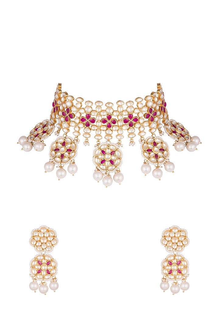 Gold Finish Kundan & Faux Pearl Necklace Set by Aster at Pernia's Pop Up Shop
