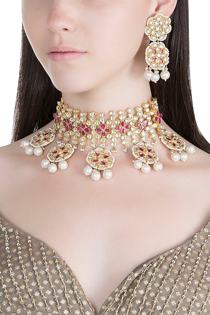 Gold Finish Kundan & Faux Pearl Necklace Set by Aster