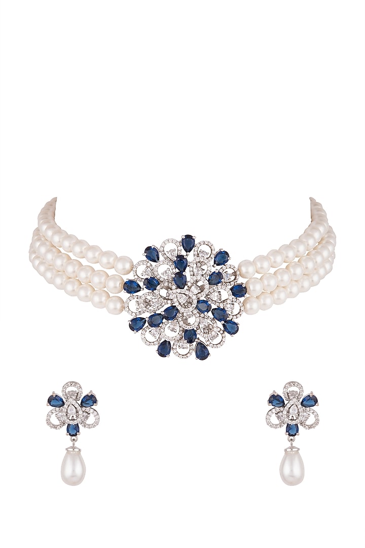 White Finish Faux Diamond & Pearl Necklace Set With Ring by Aster at Pernia's Pop Up Shop
