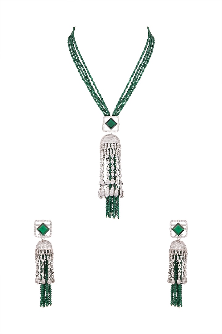 White Finish Faux Diamond & Green Beaded Mala Necklace Set Design by ...